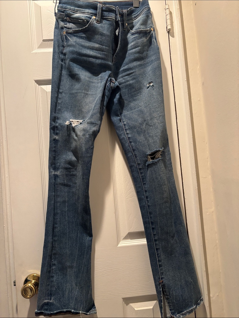 Express Women's Straight Leg Distressed Blue Jeans
